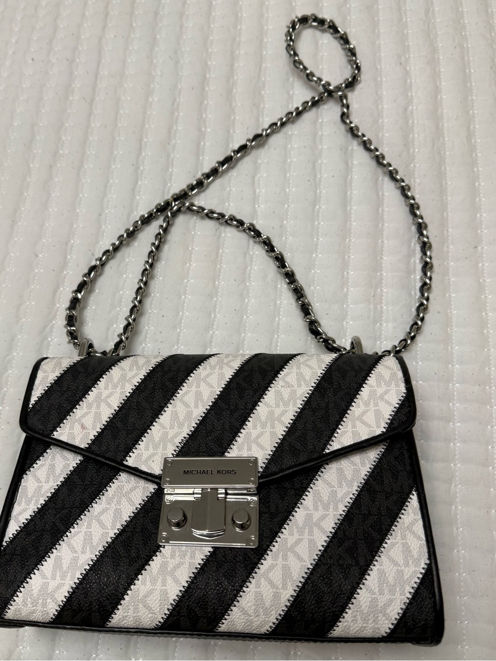 Michael Kors Black & White Diagonal Stripe Chain Crossbody